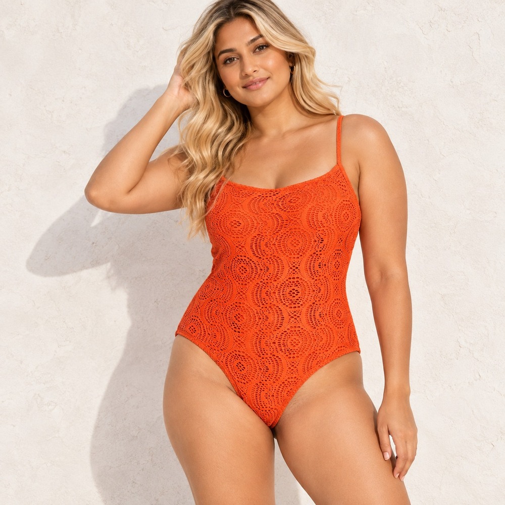 Catalina Women Orange Swimwear  Lace Overlay One Piece Swimsuit Size XL 16/18